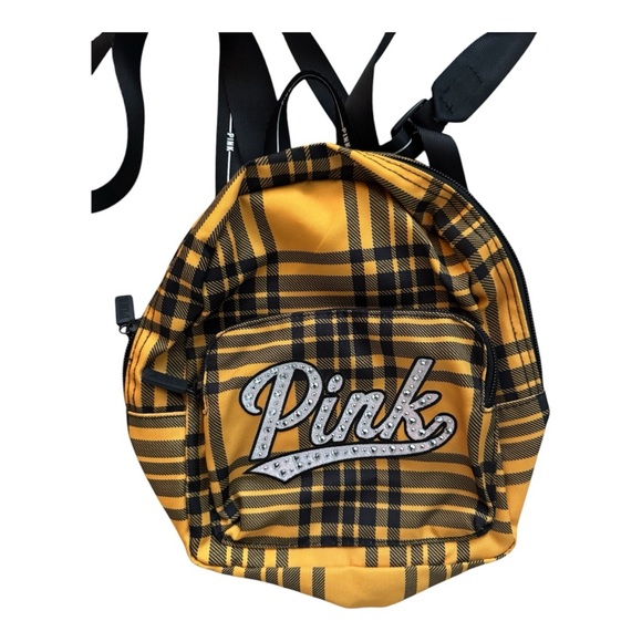 PINK-VICTORIA’S SECRET-Yellow Black Plaid Rhinestone Mini Backpack - Picture 1 of 10